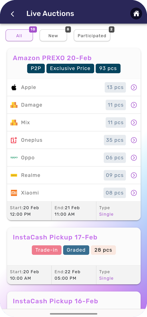 InstaBid mobile app screenshot - B2B smartphone auction interface