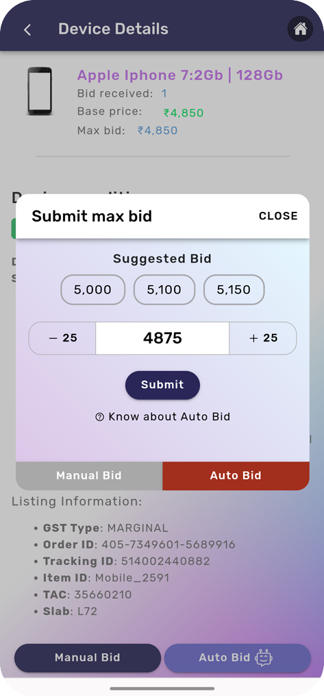 InstaBid mobile app screenshot - B2B smartphone auction interface